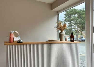 Elegant reception area at Ania Aesthetics - L & Co Beauty in Market Deeping, England, GB with natural decor.