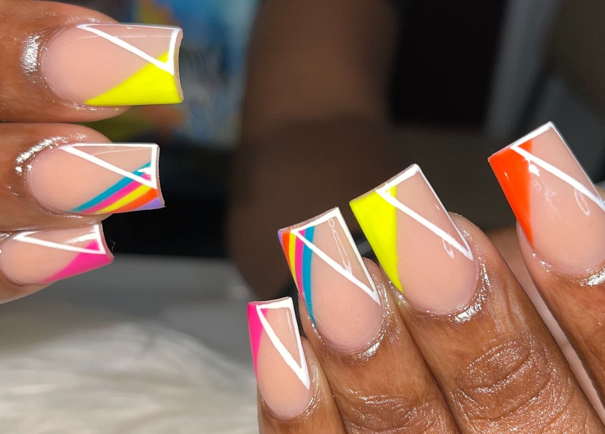 Colorful geometric nail art at TheNailBar, Demerara-mahaica, Demerara-mahaica, GY.