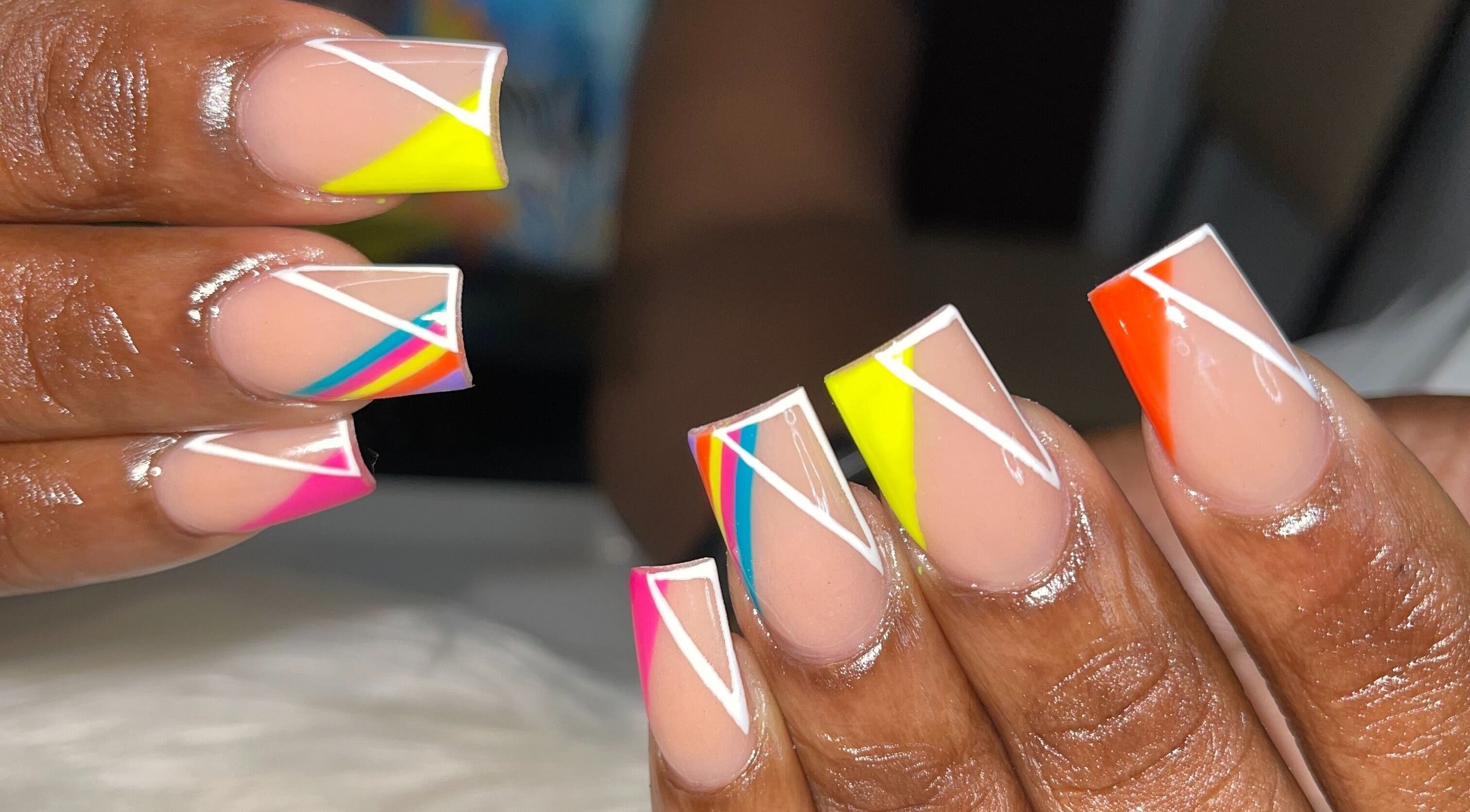 Colorful geometric nail art at TheNailBar, Demerara-mahaica, Demerara-mahaica, GY.