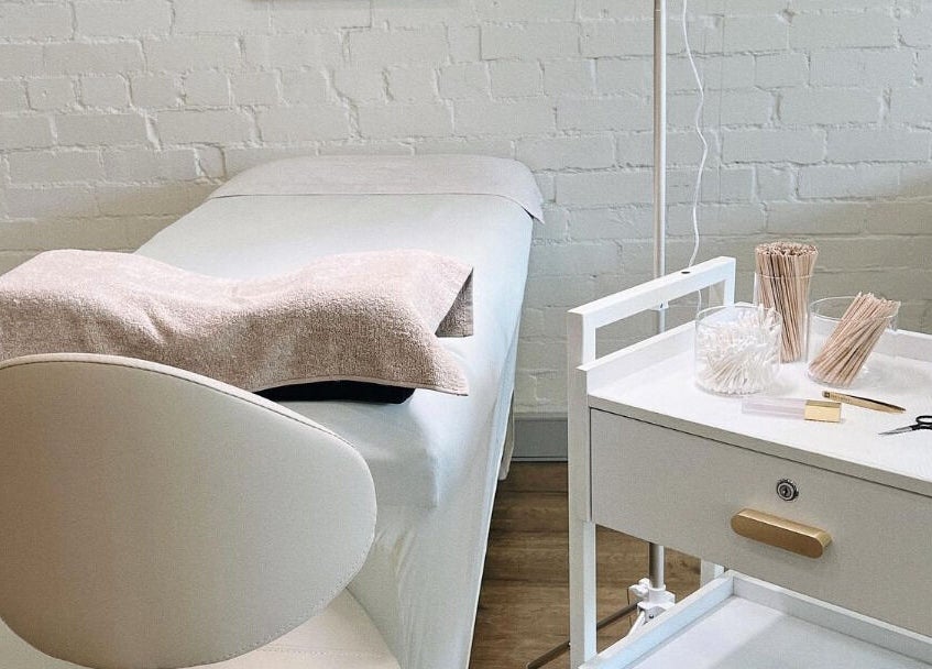 Treatment room at Ona Lash and Brow Bar, Melbourne, Victoria, AU, showcasing a sleek, comfortable setup.