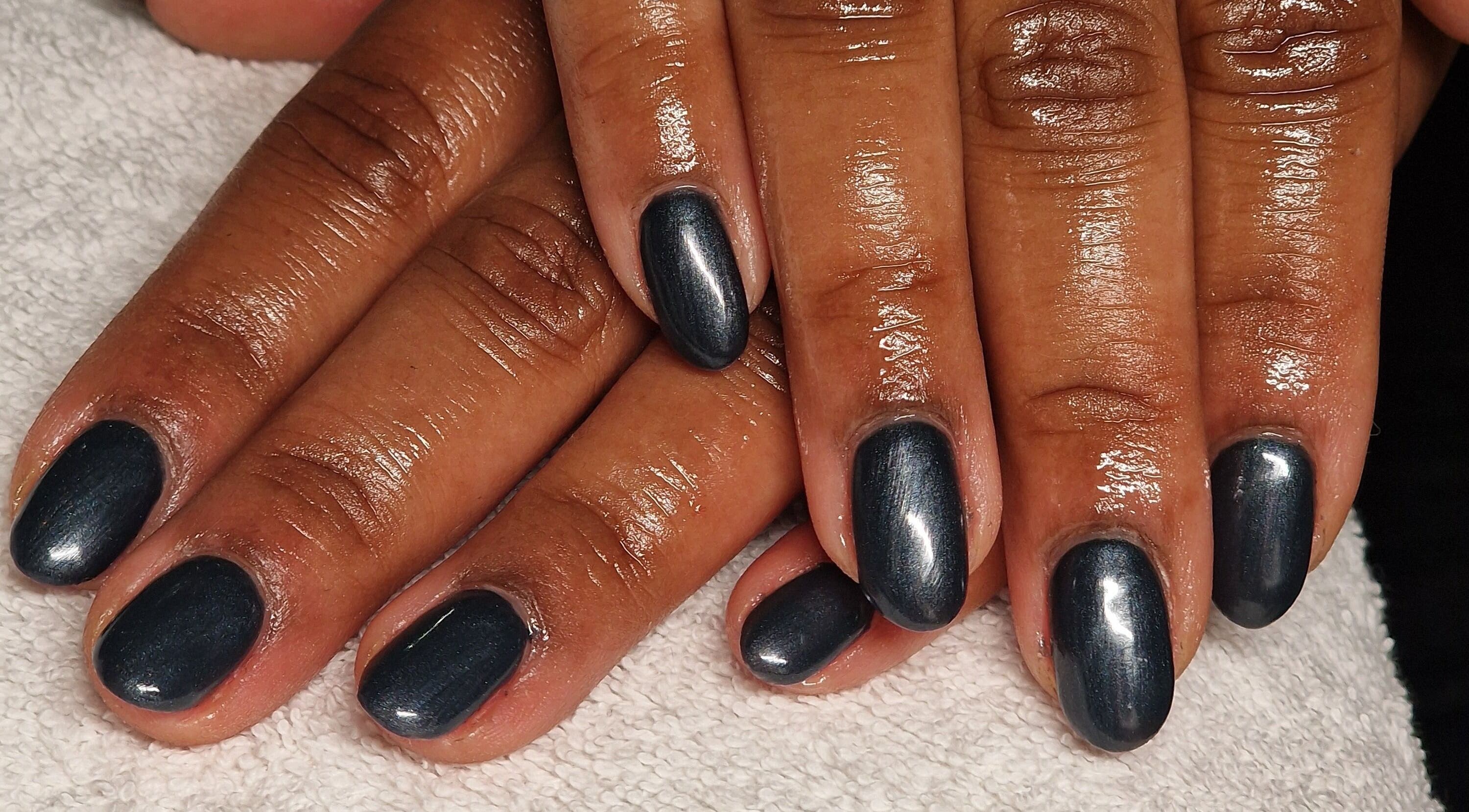 Stylish black manicure at Perfectly Polished with Kirsty, Northampton, England, GB.