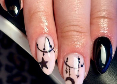Celestial star and moon nail art at Danie Beauty, Hillsborough, England, GB.