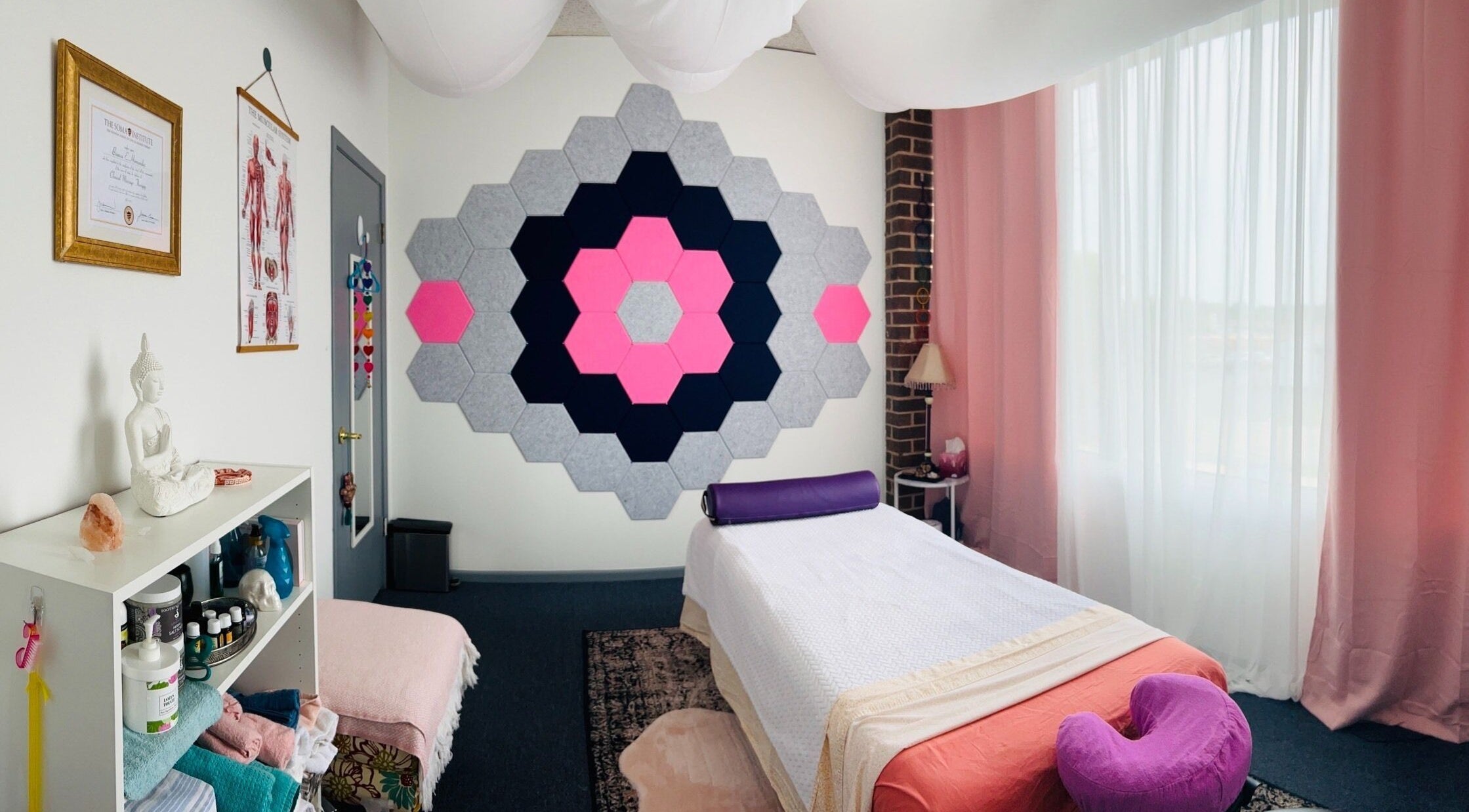 Calm therapy room at Mindful Body Studio, Hickory Hills, Illinois, US featuring a serene decor and massage table.