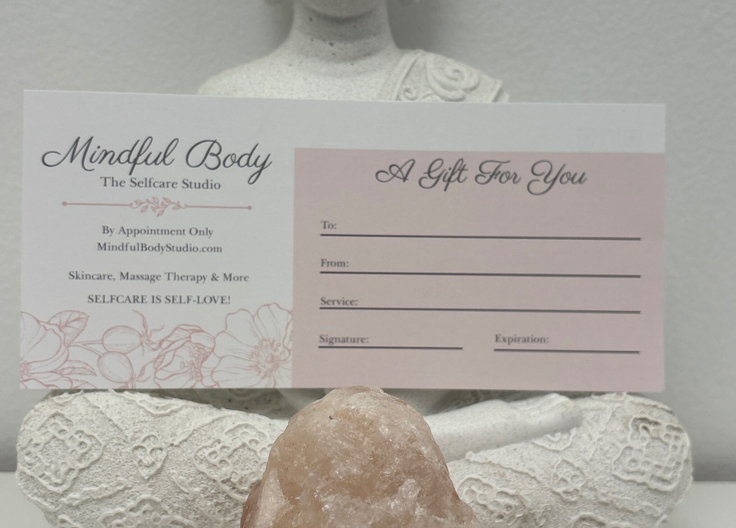 Gift certificate at Mindful Body Studio, Hickory Hills, Illinois, US, featuring elegant design and details.