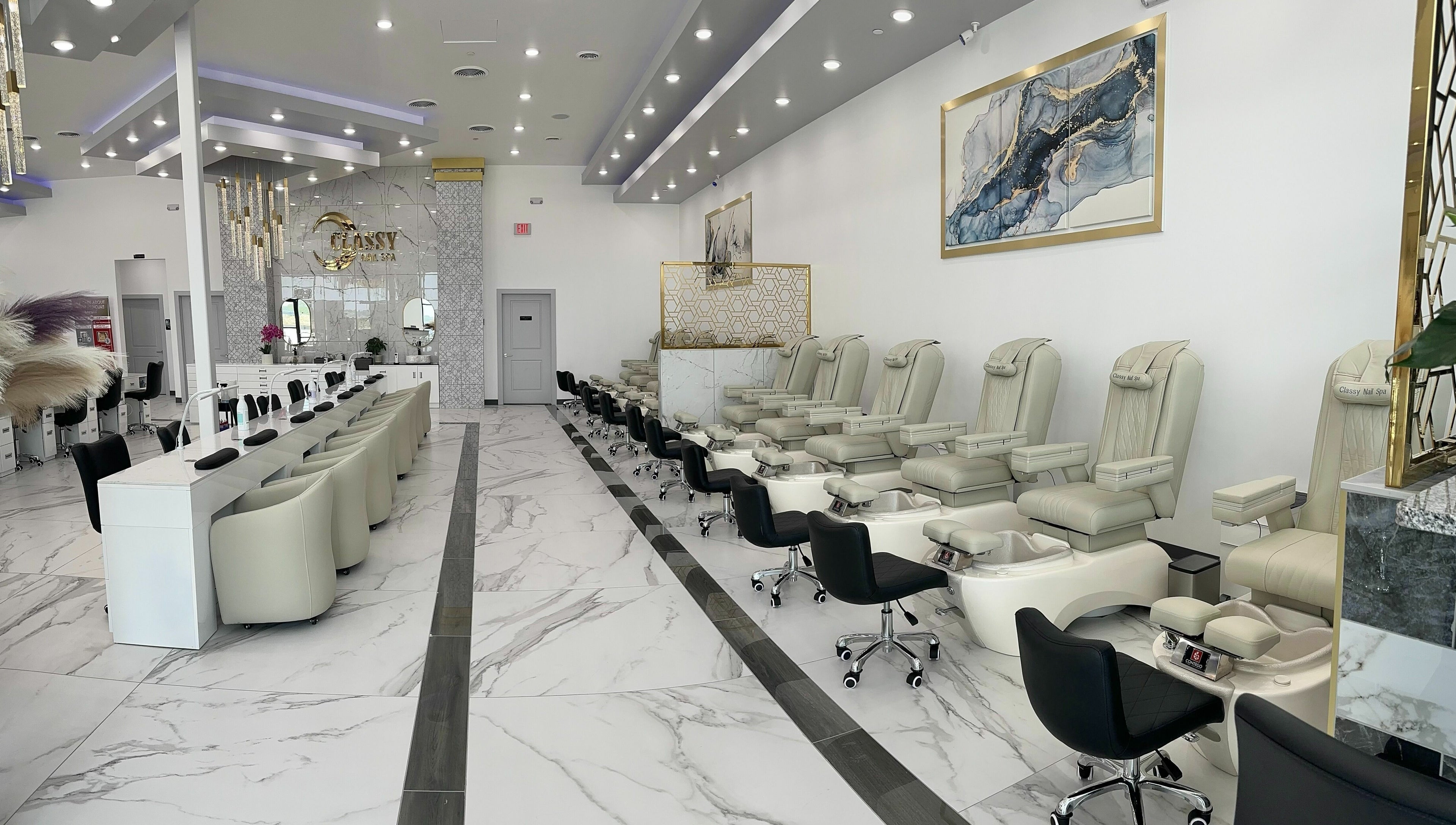 Interior of Classy Nail Spa Urbandale featuring luxurious pedicure chairs in Urbandale, Iowa, US.