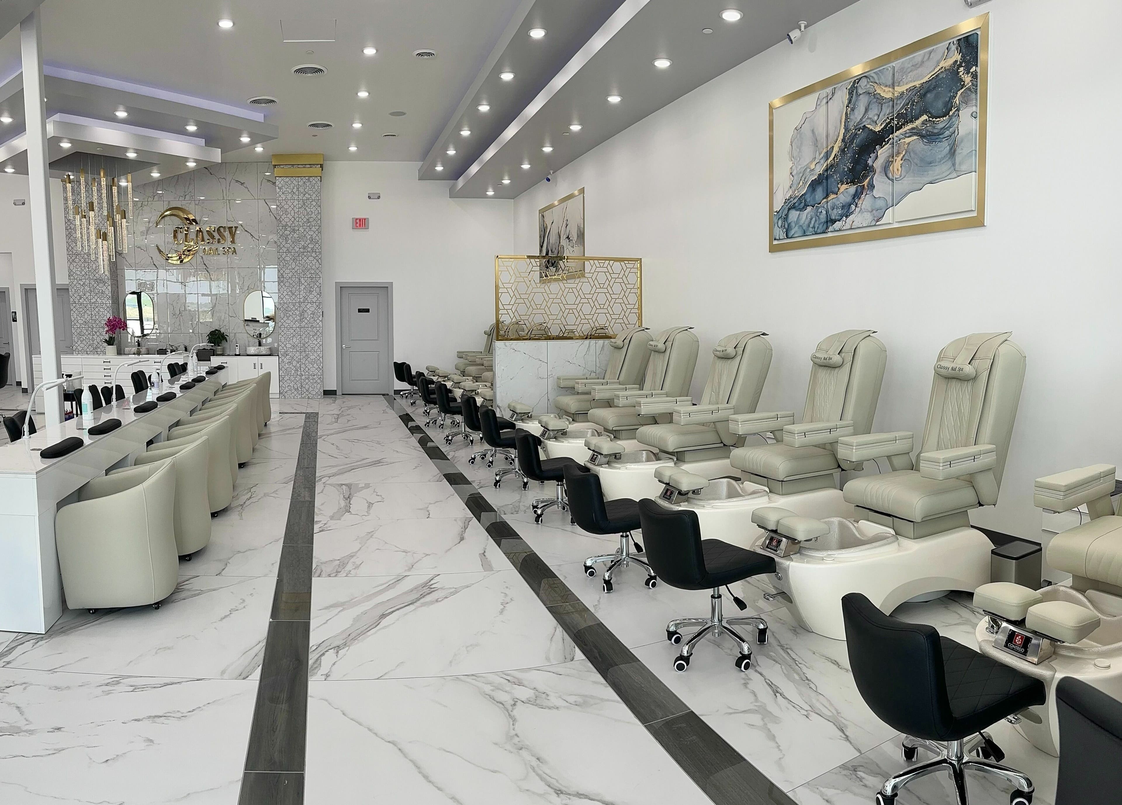 Interior of Classy Nail Spa Urbandale featuring luxurious pedicure chairs in Urbandale, Iowa, US.