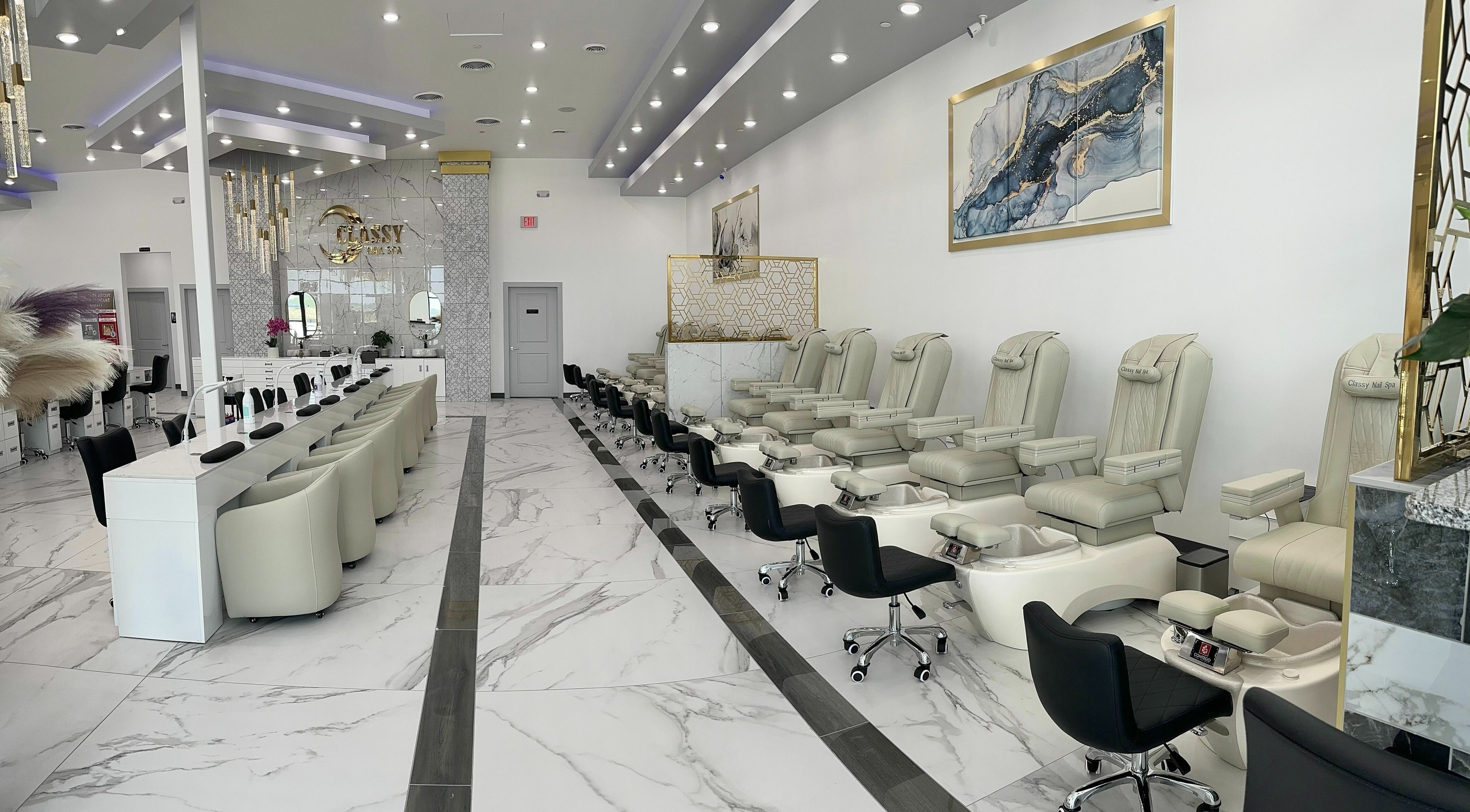 Interior of Classy Nail Spa Urbandale featuring luxurious pedicure chairs in Urbandale, Iowa, US.