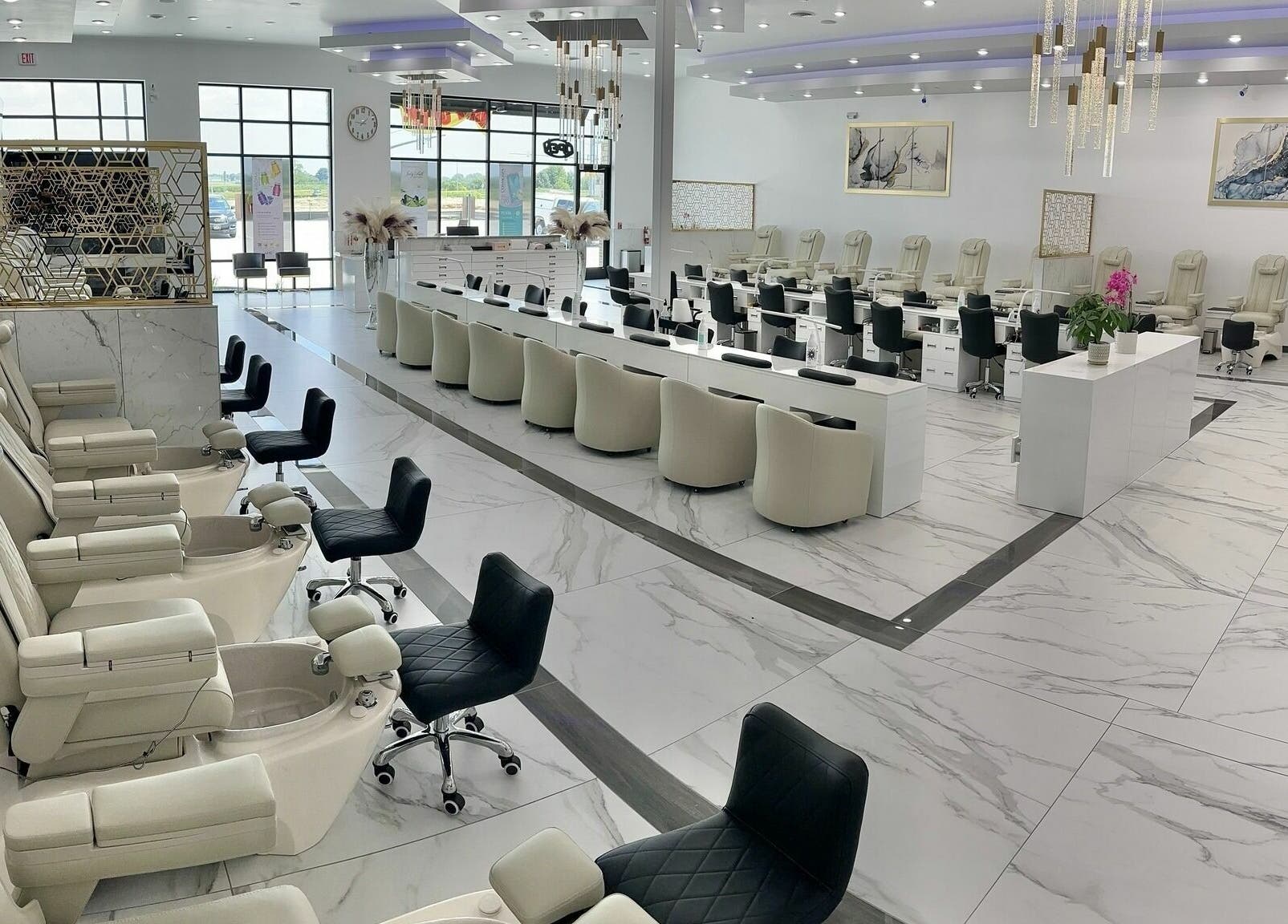 Luxurious interior of Classy Nail Spa Urbandale showcasing plush seating in Urbandale, Iowa, US.