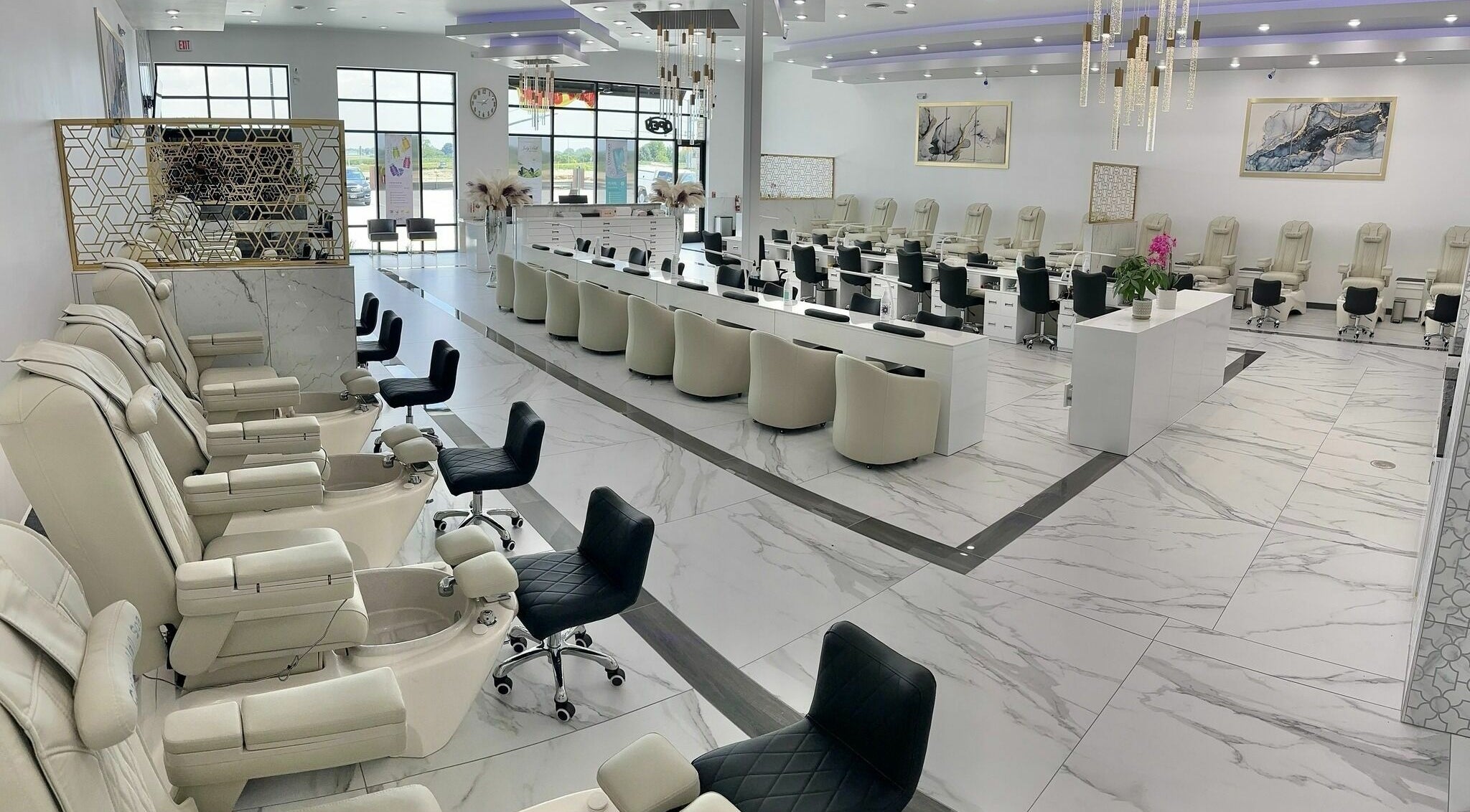 Luxurious interior of Classy Nail Spa Urbandale showcasing plush seating in Urbandale, Iowa, US.