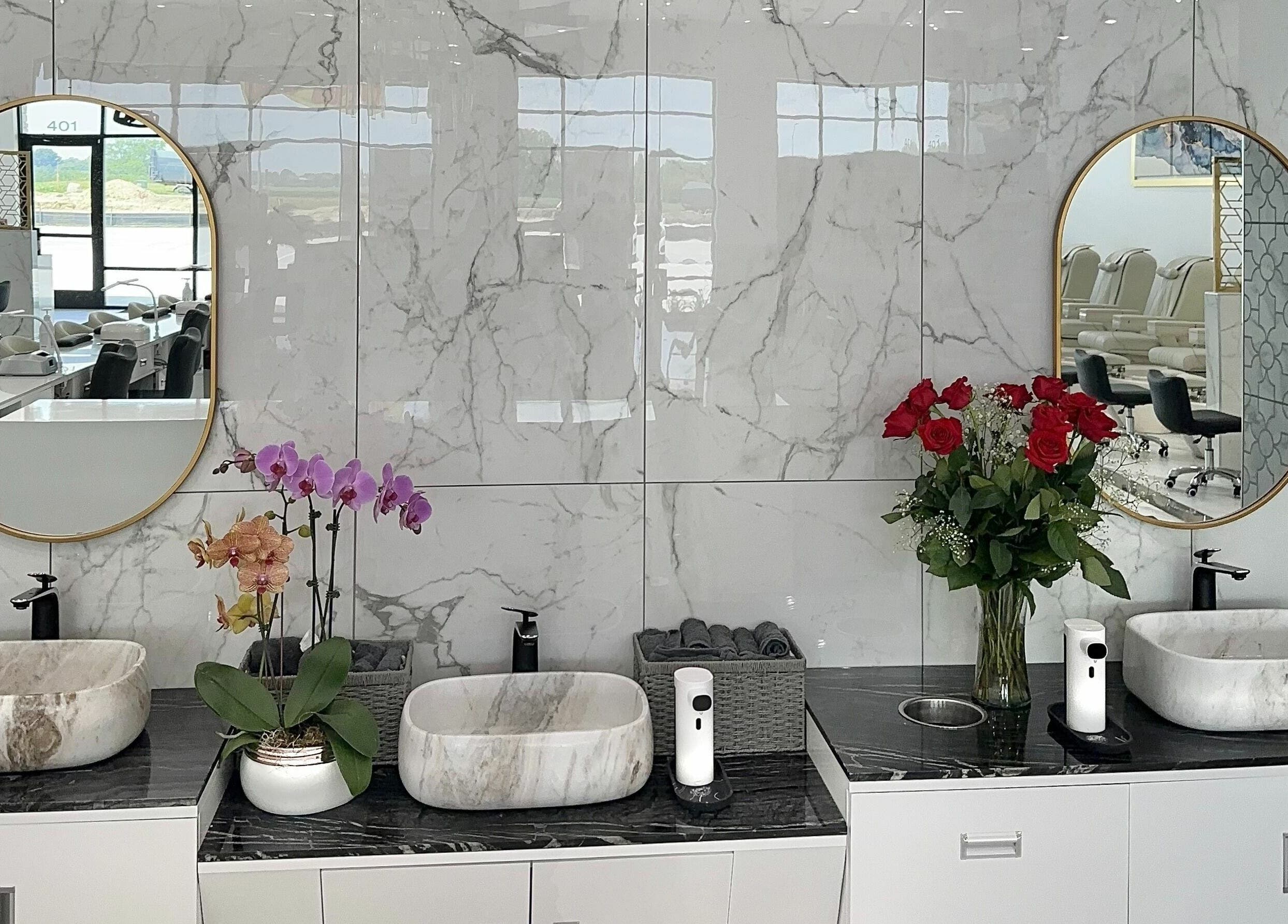 Sophisticated interior with marble sinks at Classy Nail Spa Urbandale, Urbandale, Iowa, US.