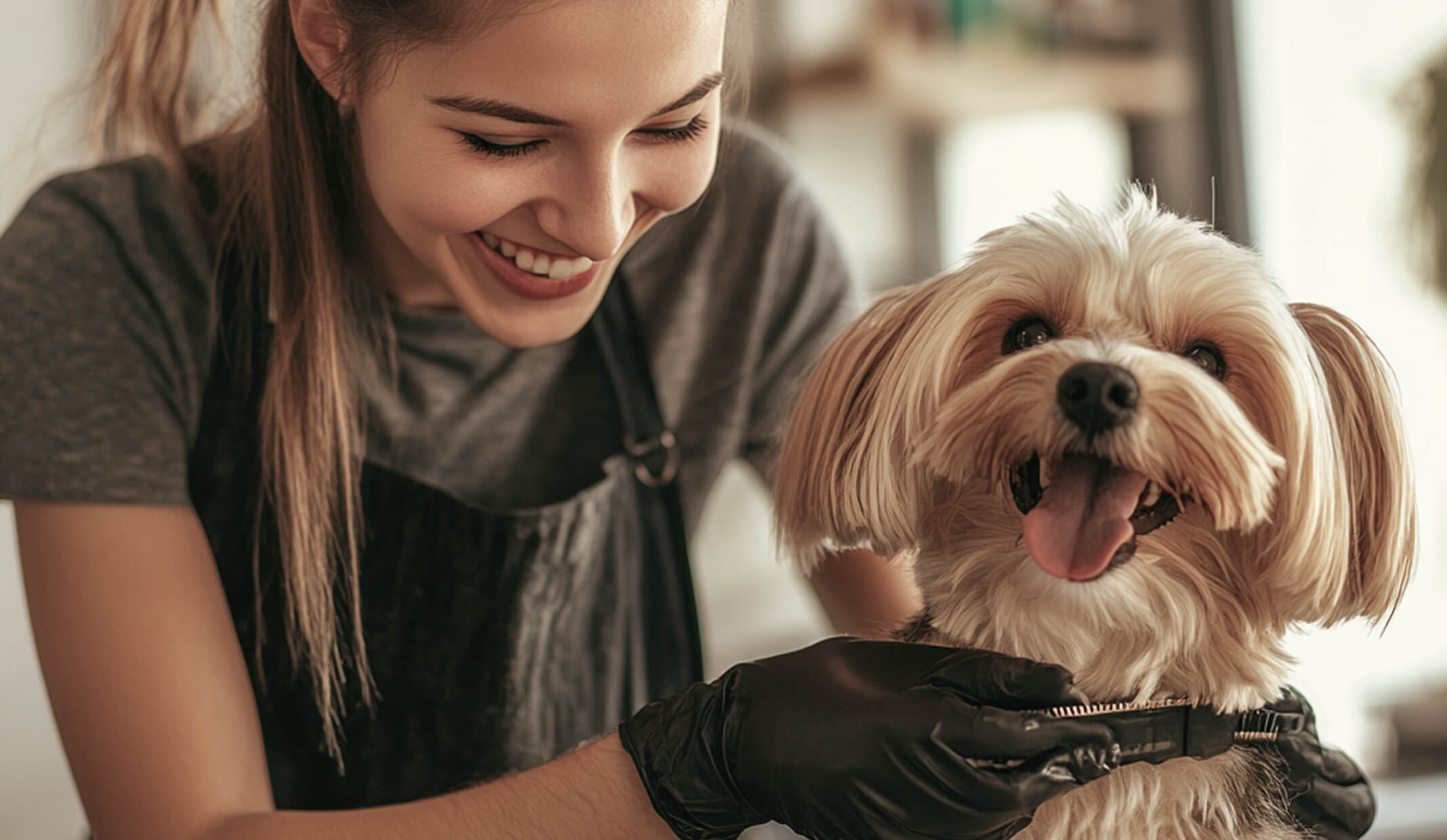 Ein professioneller Hundefriseur stylt einen Hund in einem sauberen, gut beleuchteten Pflegesalon und präsentiert die Dienstleistungen für Haustierpflege auf Fresha.