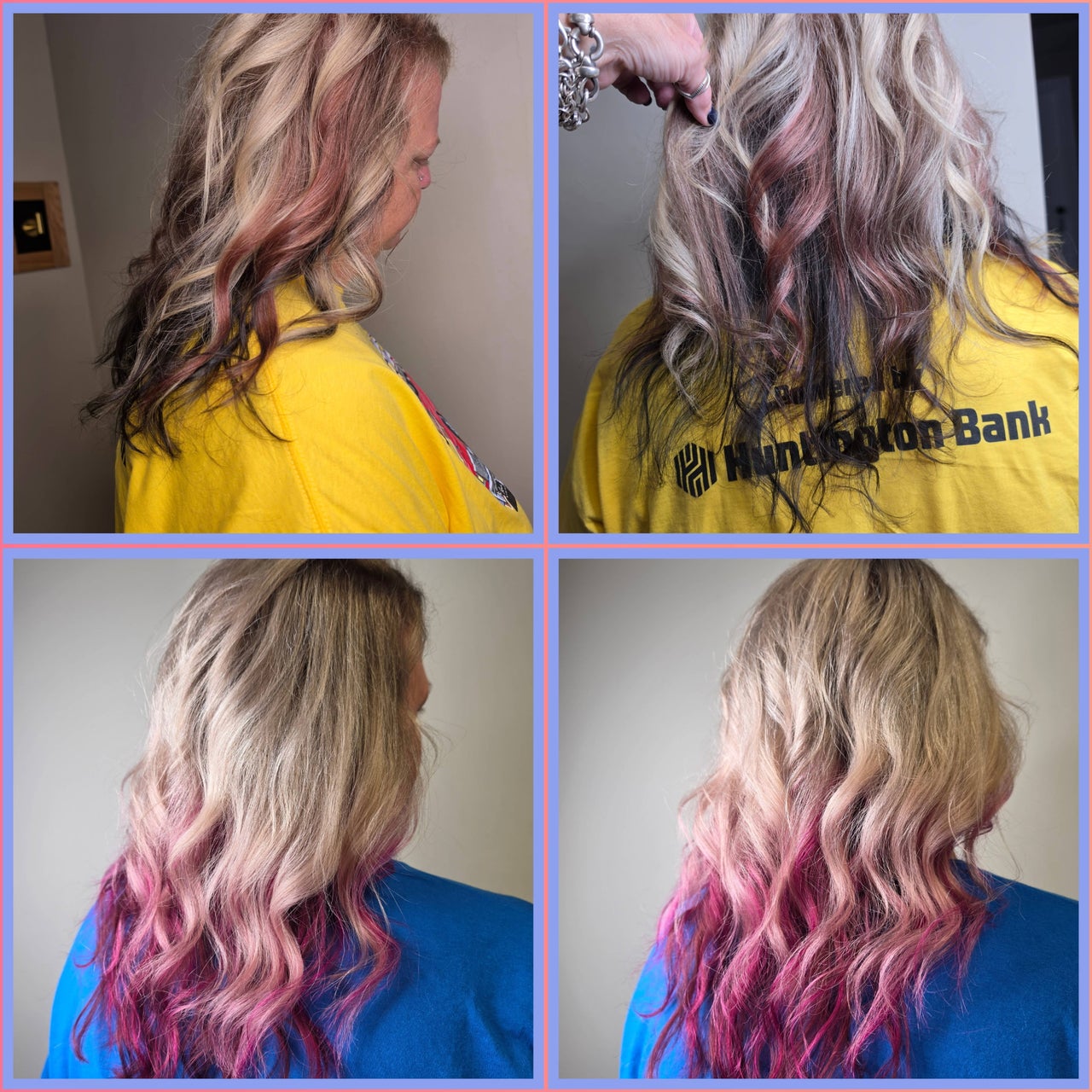 Vibrant balayage hair with pink and blonde highlights styled by The Babe Kave in Flint, Michigan, US